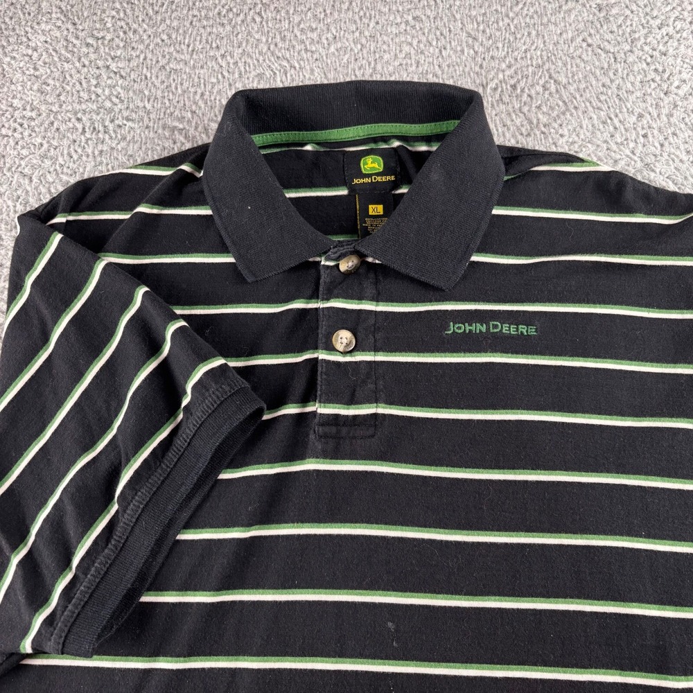 John Deere Polo Shirt Mens XL Black Green White Stripe Short Sleeve Golf Tractor